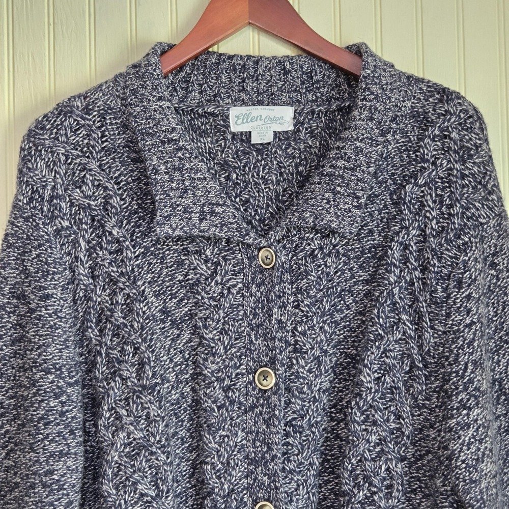 Ellen Orton Cardigan Sweater Womens XL Blue Collared Cable Knit Button Pockets‎